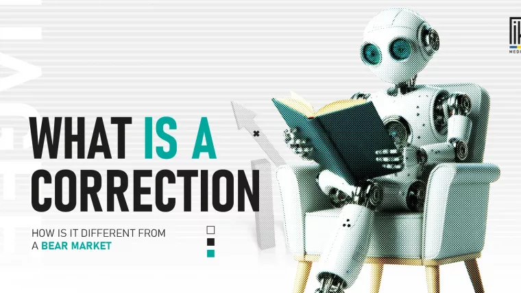"Robot reading a book about financial corrections, symbolizing difference between correction and bear market"