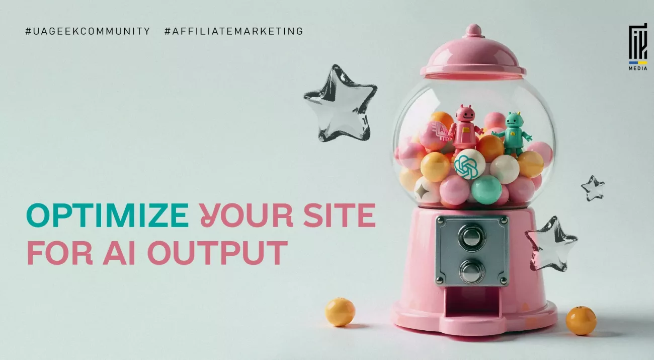 A pink gumball machine filled with pastel balls and cute AI-themed robot toys inside, set against a clean, minimalist background. The text reads: "Optimize Your Site for AI Output."