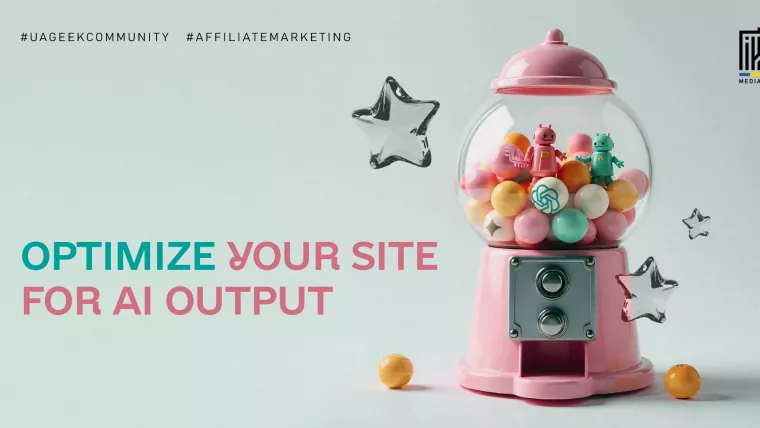 A pink gumball machine filled with pastel balls and cute AI-themed robot toys inside, set against a clean, minimalist background. The text reads: "Optimize Your Site for AI Output."