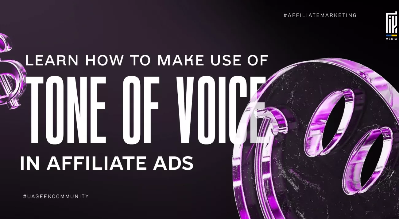 3D dollar sign with purple highlights next to the phrase “Tone of Voice in Affiliate Ads” on a dark background.