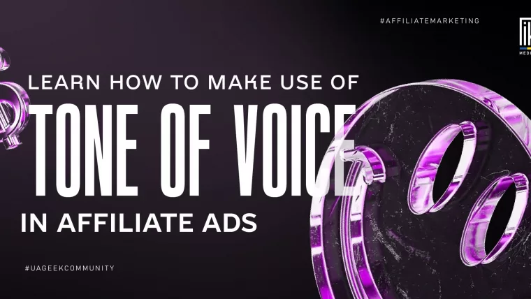 3D dollar sign with purple highlights next to the phrase “Tone of Voice in Affiliate Ads” on a dark background.