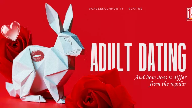 A red banner featuring an origami bunny with lipstick marks, surrounded by red roses and a glass heart. Text reads: “Adult Dating – And how does it differ from the regular.”