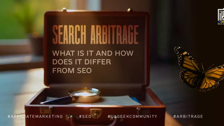 A suitcase with a magnifying glass and documents inside, glowing under warm light. The words "Search Arbitrage – What is it and how does it differ from SEO" appear alongside a monarch butterfly.