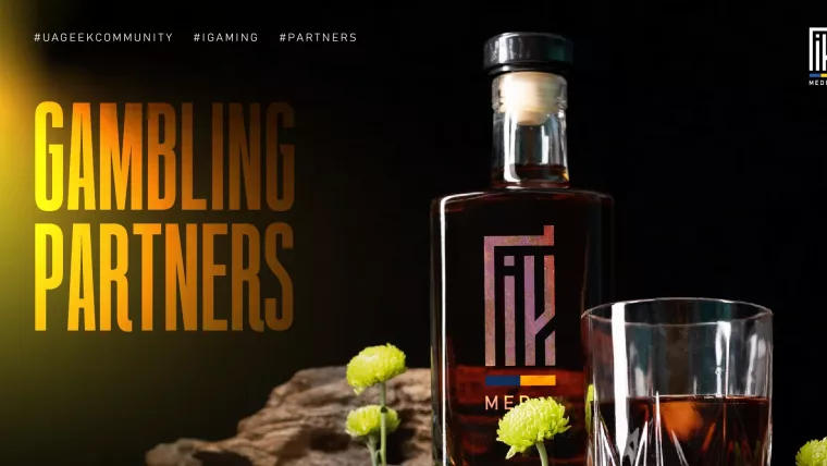 A stylish banner featuring a whiskey bottle labeled “UAGeek Media” with the headline “Gambling Partners” in a warm gradient on a dark background.