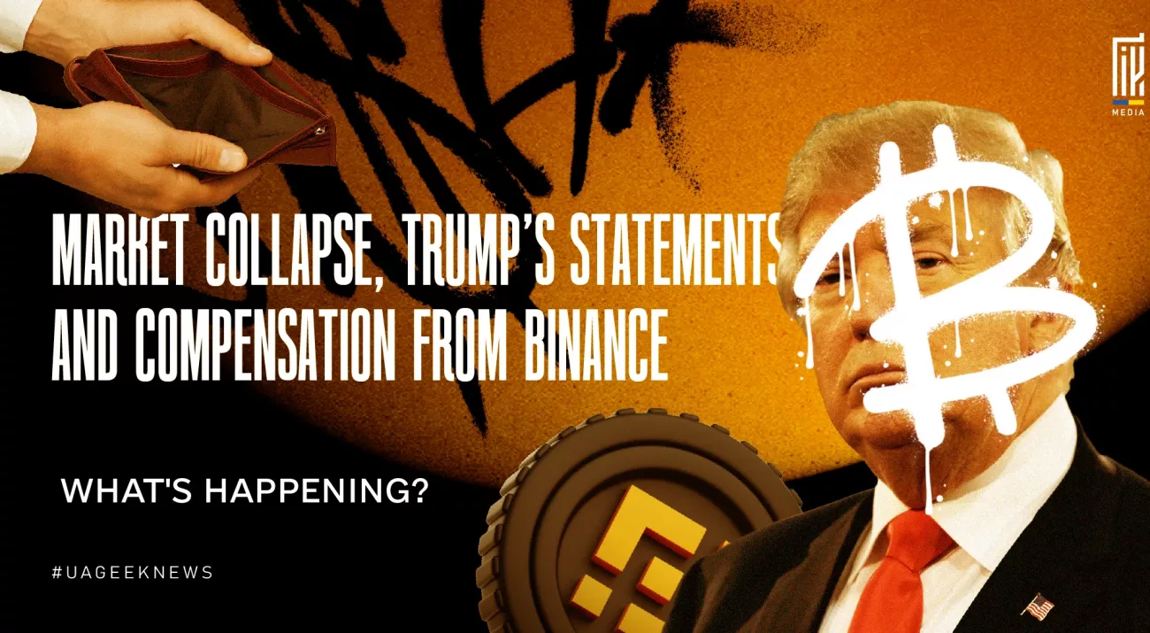 Donald Trump with a Bitcoin symbol over his face, Binance coin, and empty wallet in a crypto-themed graphic titled “Market Collapse, Trump’s Statements and Compensation from Binance”
