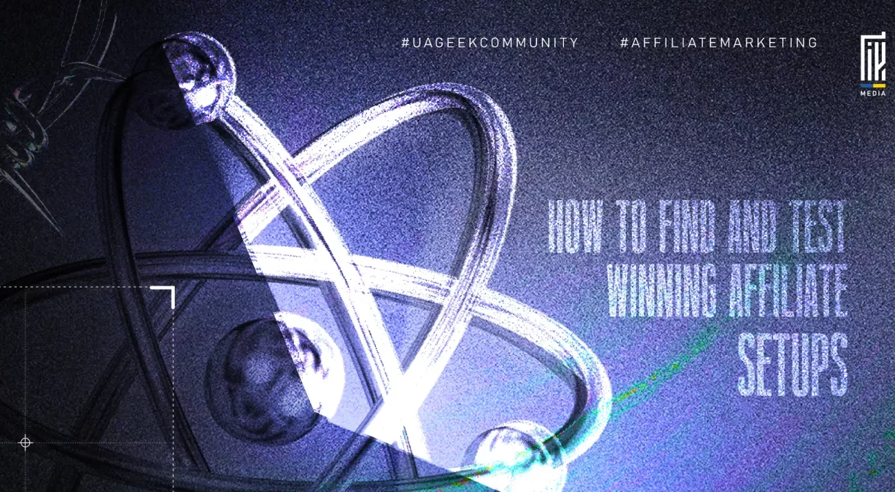 Banner about how to find and test winning affiliate marketing funnels with abstract atomic design elements.