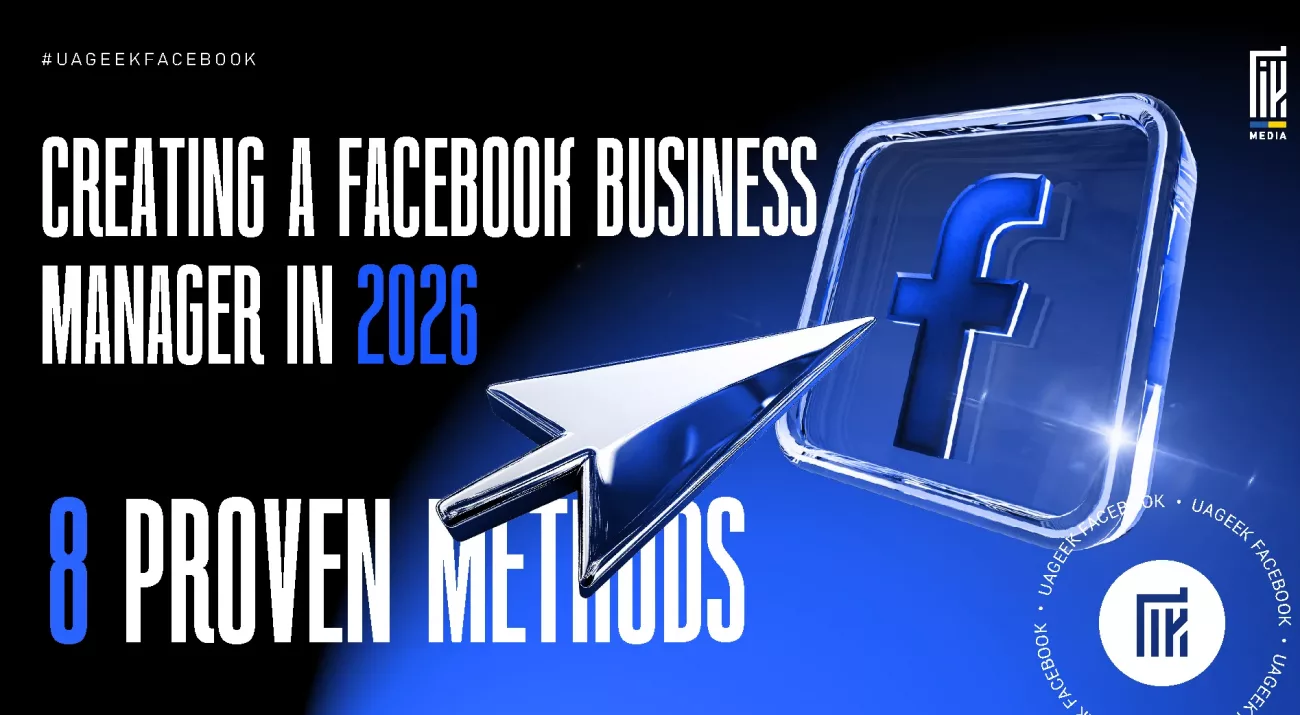 A sleek chrome paper plane points toward a glowing Facebook icon on a dark blue background. The text reads: “Creating a Facebook Business Manager in 2026 – 8 Proven Methods.” The image features
