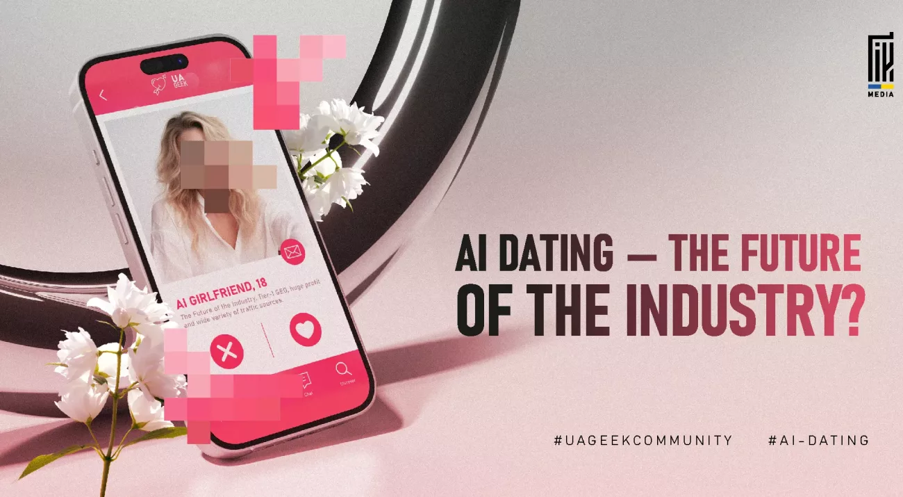A smartphone screen shows a fictional dating app profile titled “AI Girlfriend, 18,” surrounded by soft pink tones and flowers. Bold text on the right reads: “AI Dating — The Future of the Industry?”