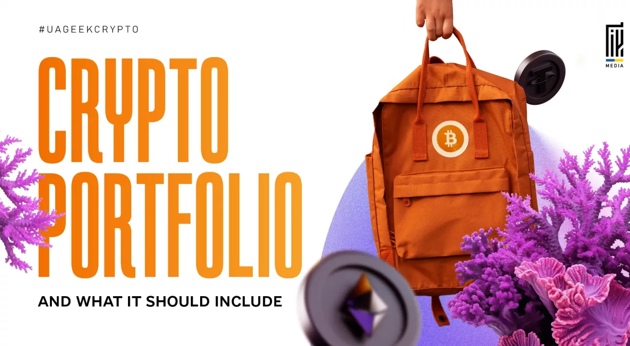 Marketing banner featuring an orange backpack with a Bitcoin symbol surrounded by cryptocurrency coins and abstract elements, representing a diversified crypto portfolio and digital asset management strategy.