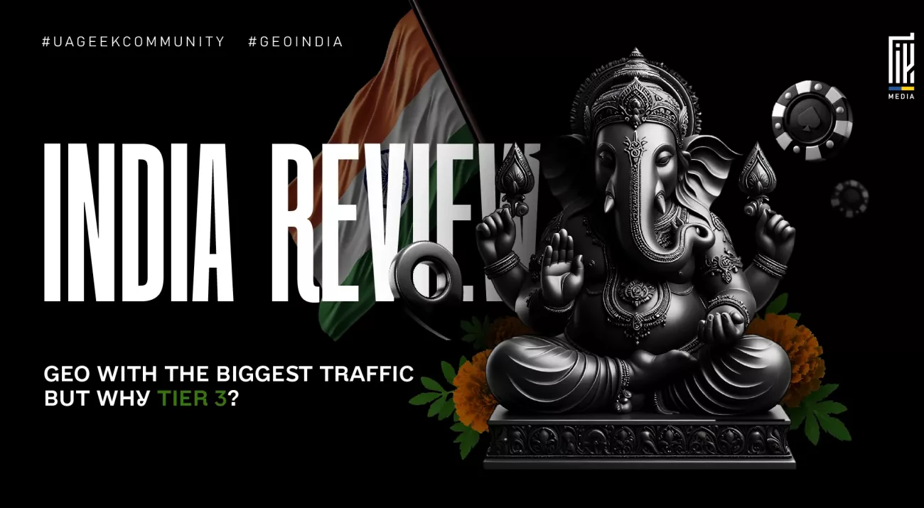 Promotional banner featuring the Indian flag and a statue of Ganesha alongside the headline “India Review” with the subtitle about Tier 3 traffic potential, representing India as a high-volume GEO for affiliate marketing and advertising campaigns.