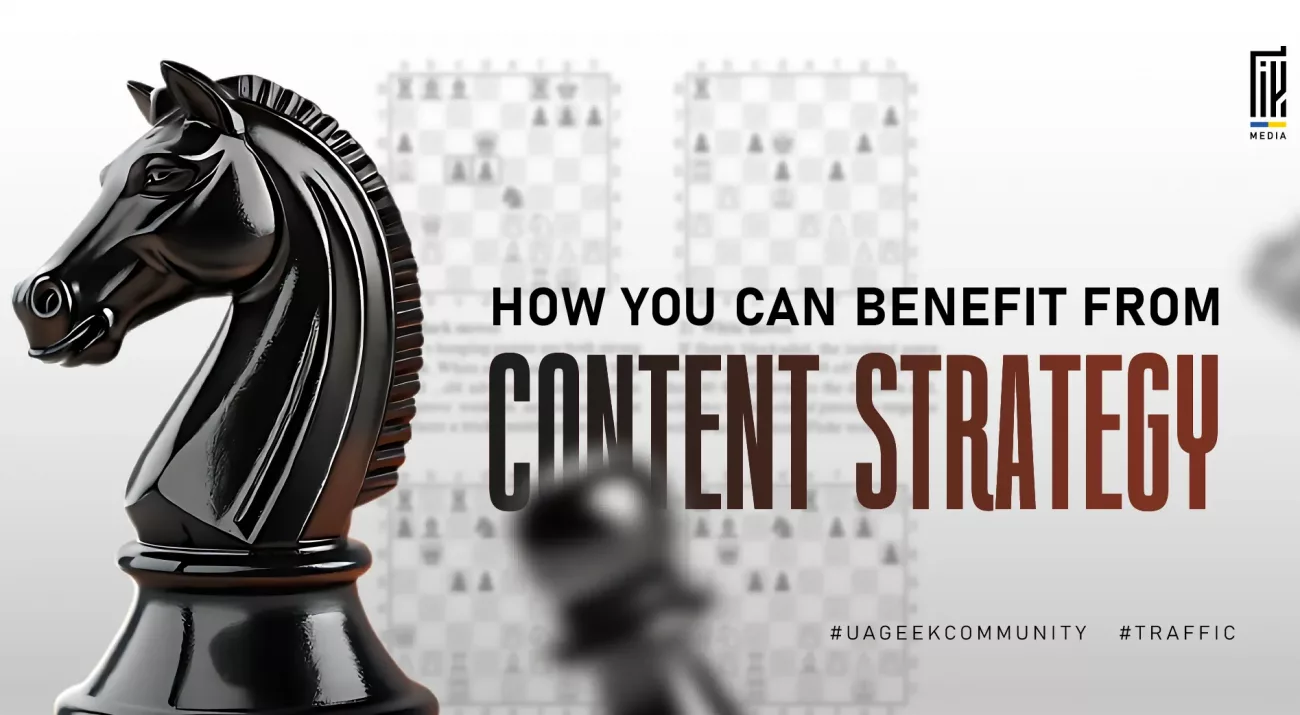 Banner about content strategy featuring a black chess knight piece with blurred chess boards in the background, symbolizing strategic planning in marketing.