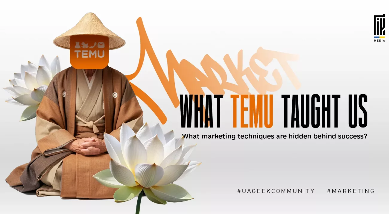 Banner about Temu marketing strategies featuring a monk figure with a Temu logo face and lotus flowers, symbolizing wisdom and lessons behind the platform’s success.
