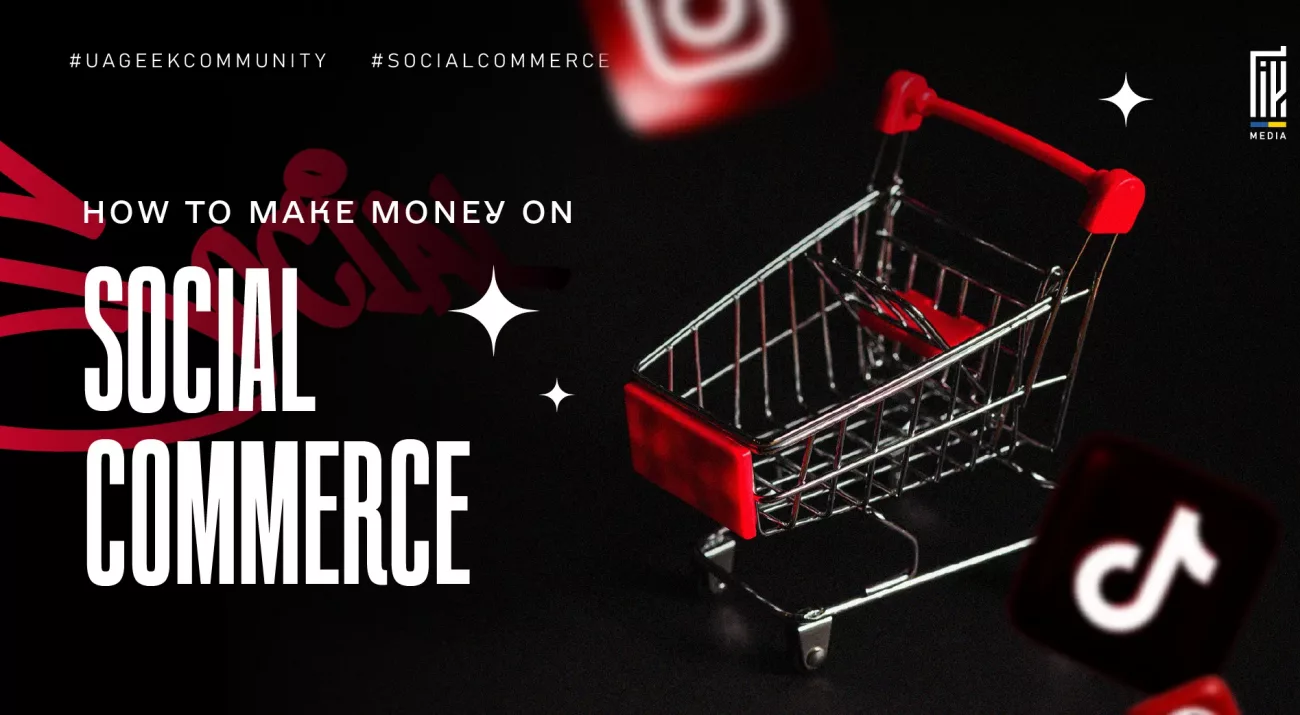 Banner about social commerce showing a shopping cart with Instagram and TikTok icons, symbolizing making money through social media platforms.