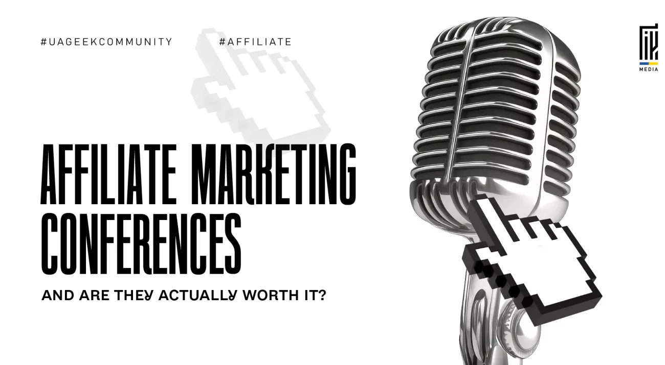 Banner about affiliate marketing conferences featuring a large microphone and a cursor icon, symbolizing public speaking, networking, and industry discussions.