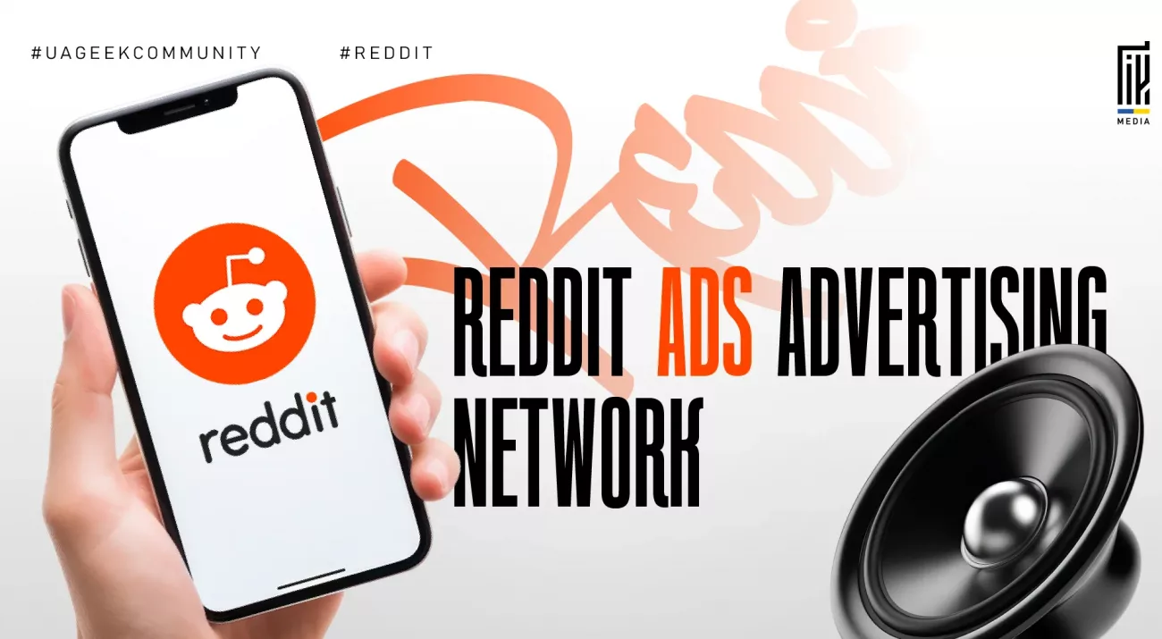 Banner about Reddit Ads showing a smartphone with the Reddit logo and a speaker, symbolizing advertising and traffic generation on the Reddit platform.