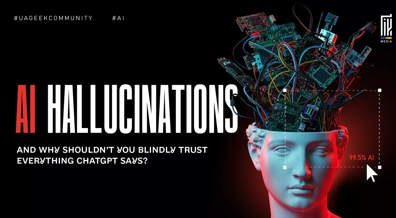 Banner about AI hallucinations showing a human head filled with electronic components, symbolizing distorted or unreliable outputs generated by artificial intelligence.