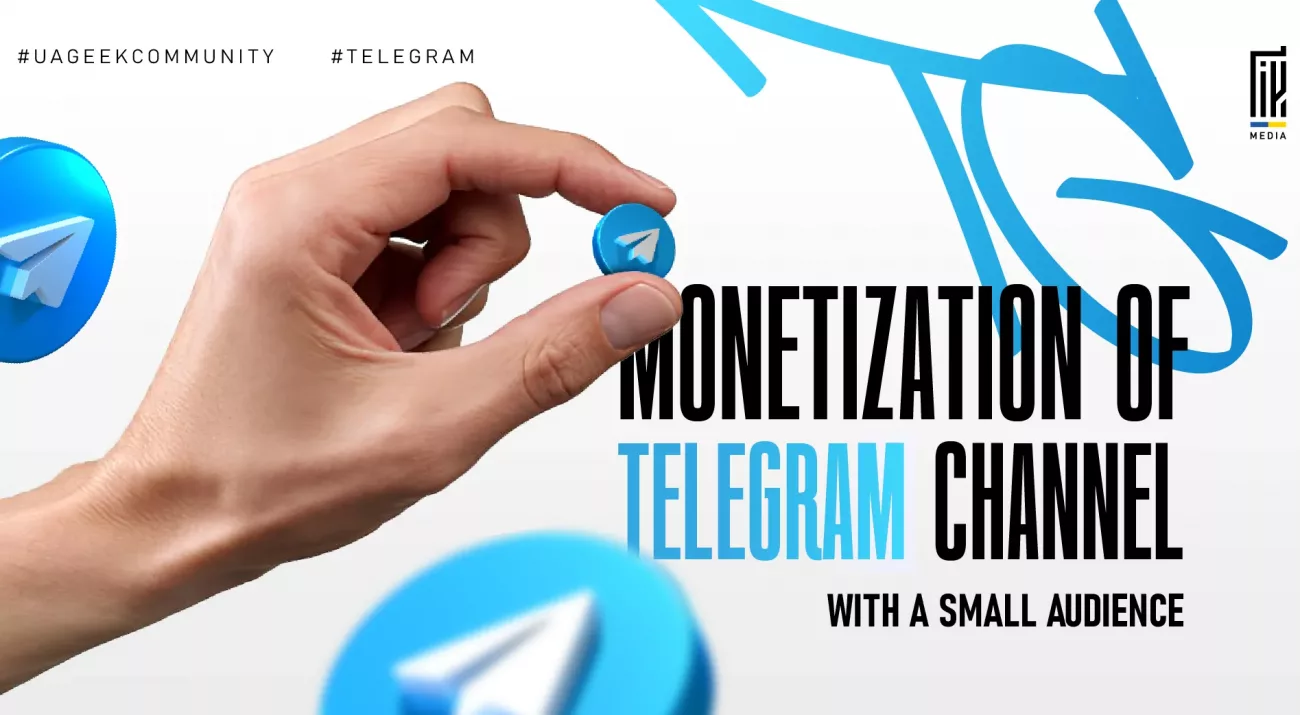 Banner showing a hand holding a small Telegram icon, symbolizing monetization opportunities for Telegram channels with a small audience.