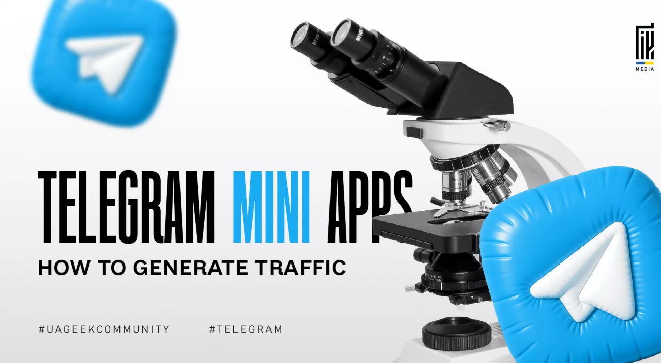 Banner about Telegram Mini Apps showing a microscope and Telegram icons, symbolizing analysis and traffic generation through Telegram tools.