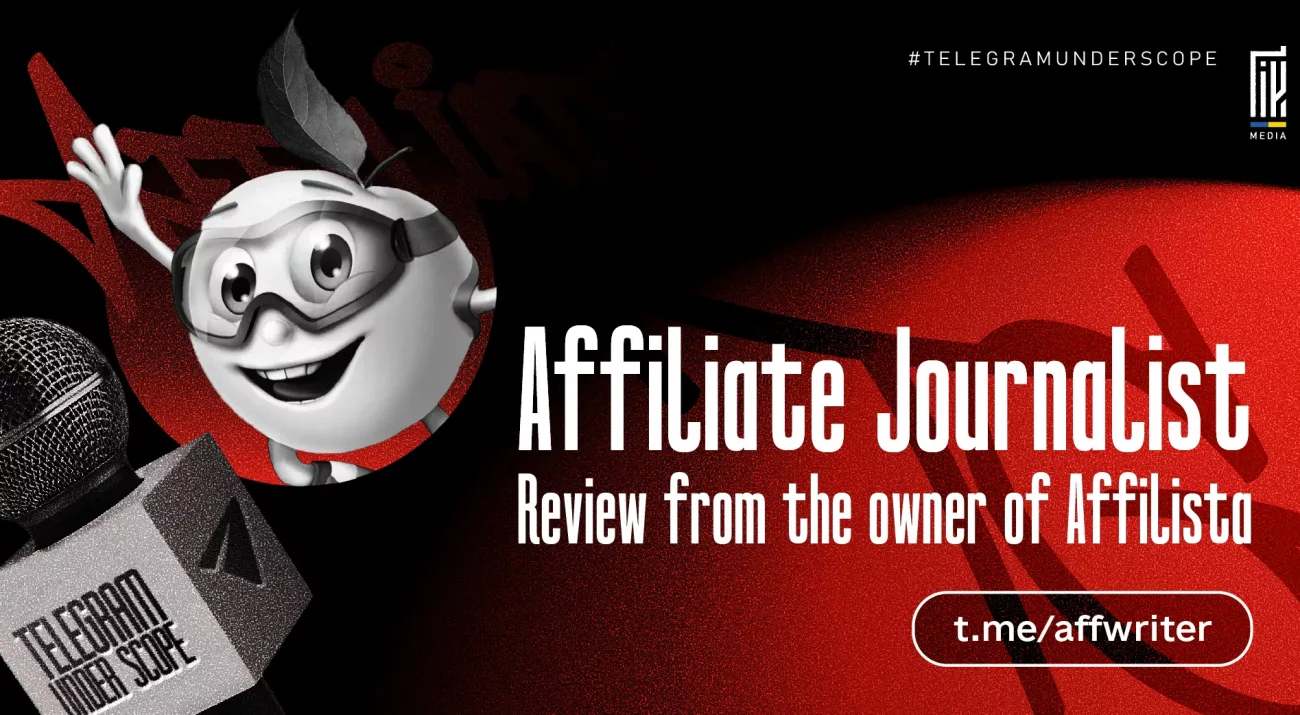 Banner featuring a playful character with a microphone and the text about an affiliate journalist review, representing insights and interviews in the affiliate marketing space.