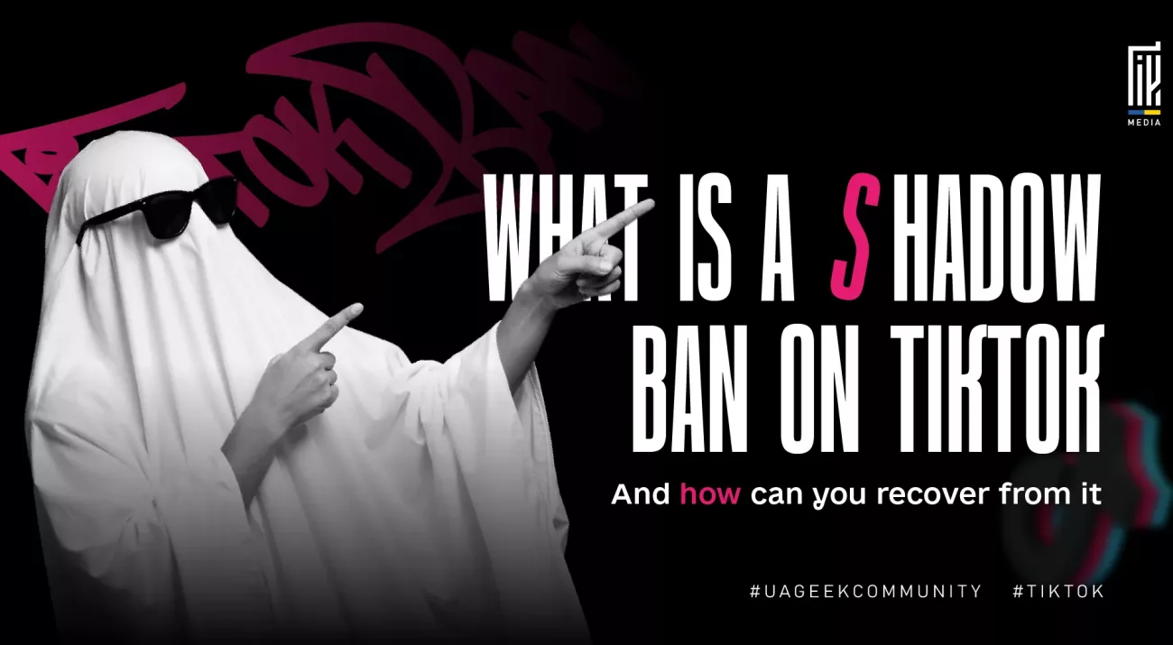 Banner about TikTok shadowban featuring a person dressed like a ghost pointing, symbolizing hidden restrictions and reduced visibility on the platform.