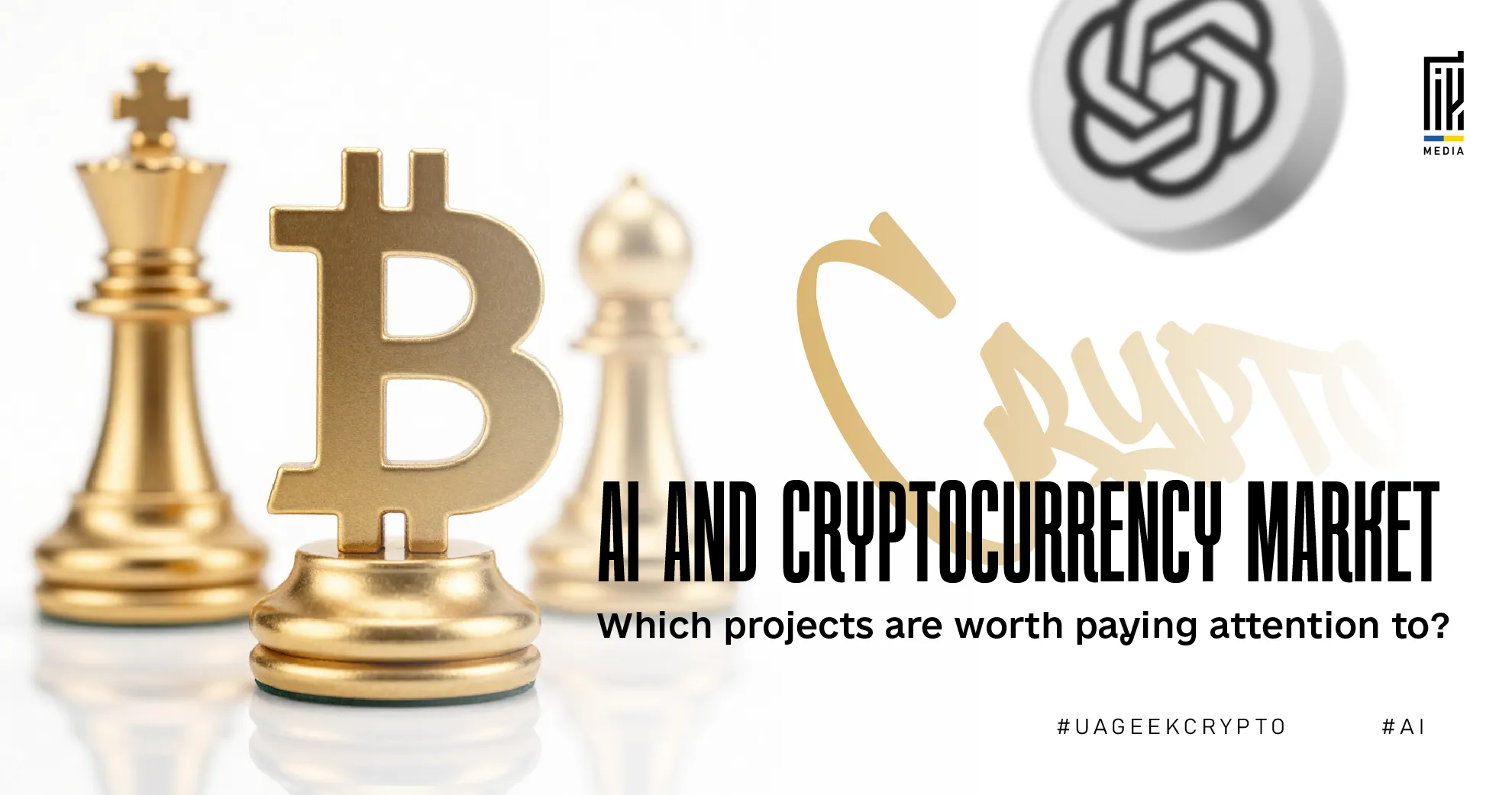Banner showing a chess piece shaped like the Bitcoin symbol among classic chess figures, representing strategy in the AI and cryptocurrency market.