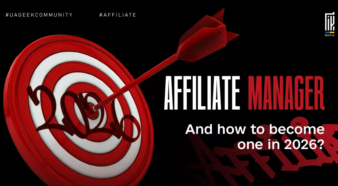 Banner featuring a red target with an arrow hitting the center, symbolizing precision and results, alongside the text about becoming an affiliate manager in 2026.