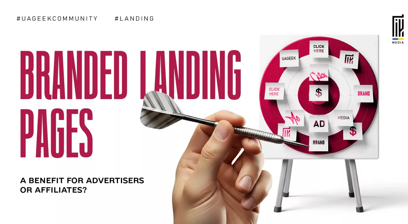 Banner about branded landing pages featuring a hand throwing a dart at a marketing target board filled with branding and advertising elements, symbolizing precision targeting and conversion optimization.