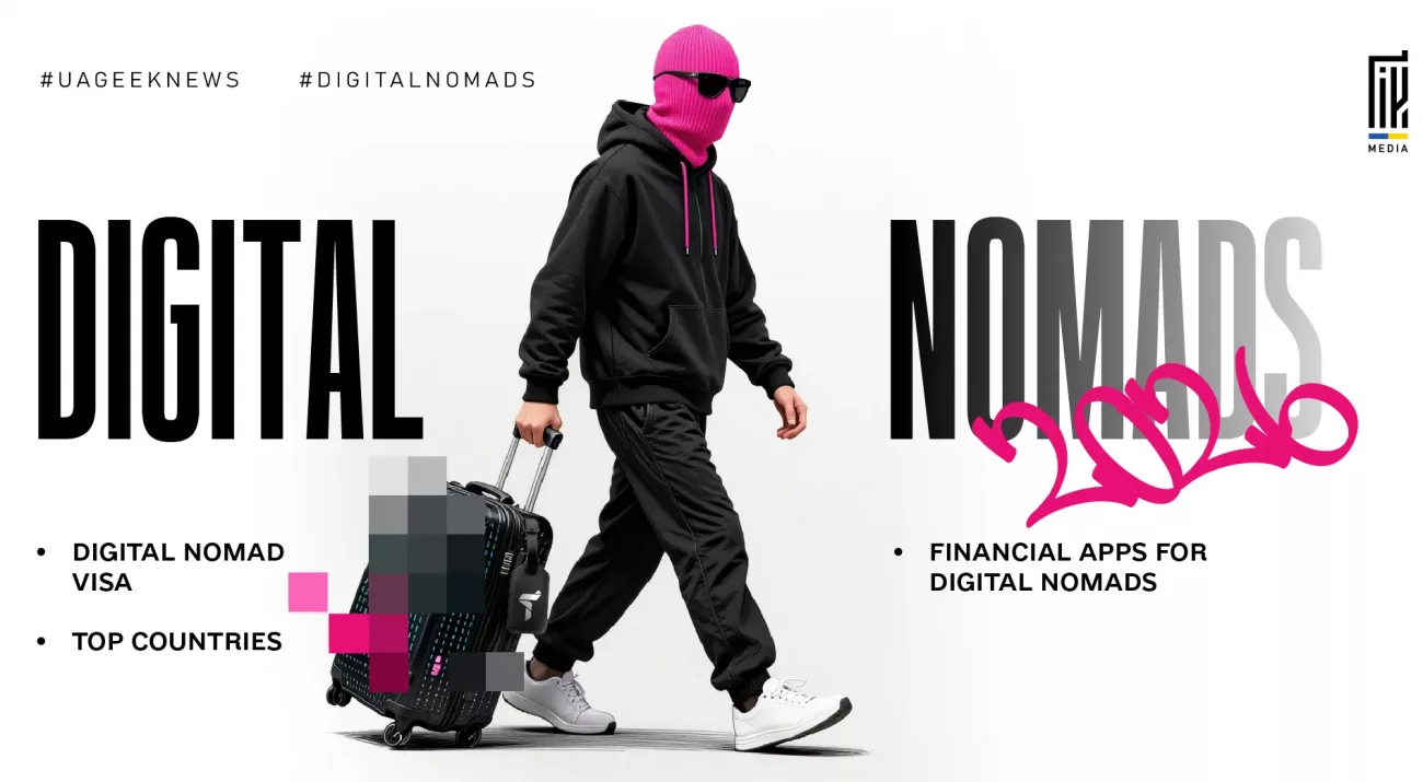 Banner featuring a traveler in dark clothing and a pink mask walking with a suitcase, symbolizing the modern digital nomad lifestyle.