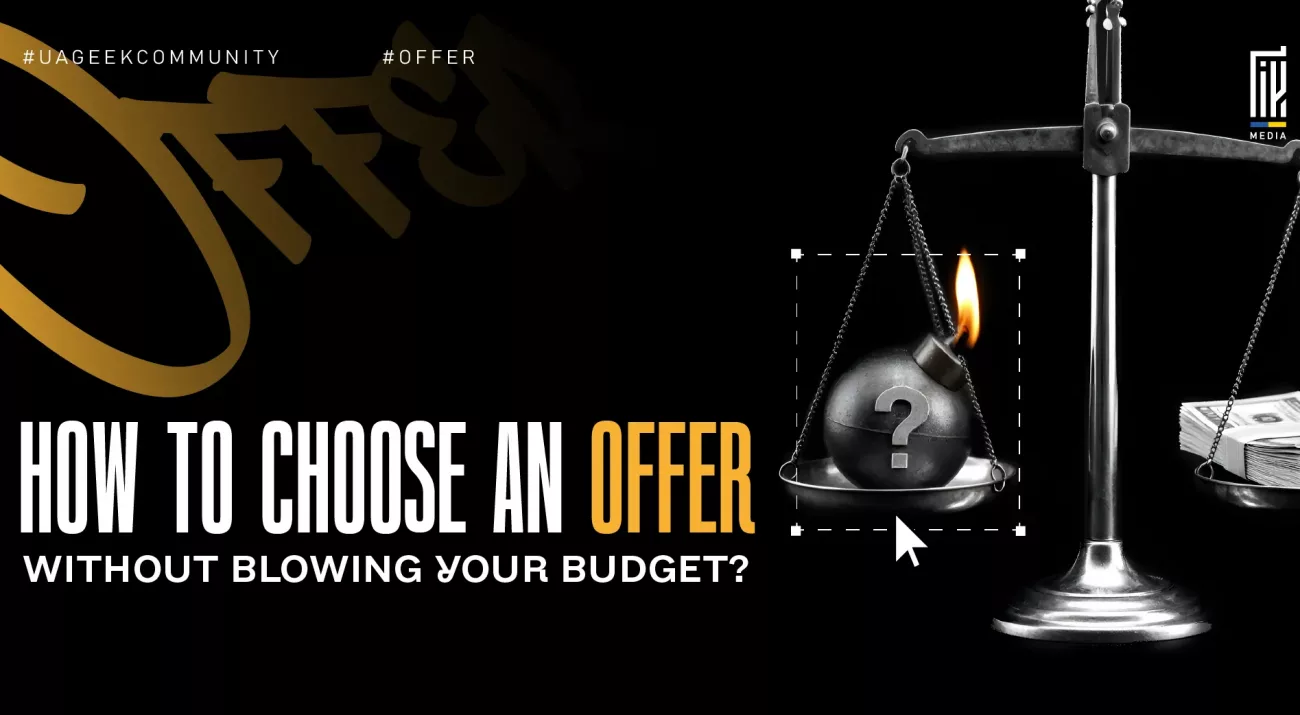 Banner about choosing affiliate offers wisely, featuring balancing scales with a burning bomb on one side and stacks of money on the other, symbolizing the risk-reward balance in affiliate marketing.
