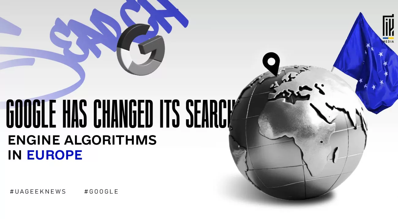 Banner about Google changing its search algorithms in Europe, featuring a metallic globe, European Union flag, Google logo, and bold typography in blue and black tones.
