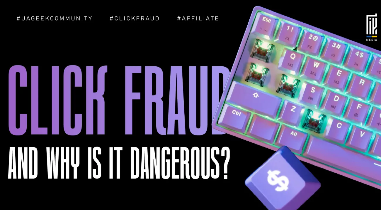 Banner illustrating the concept of click fraud with a colorful mechanical keyboard, highlighted keyboard switches, and a floating dollar key. The design represents fake clicks, advertising fraud, and wasted ad spend in affiliate marketing and digital advertising.