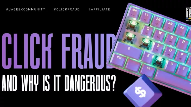 Banner illustrating the concept of click fraud with a colorful mechanical keyboard, highlighted keyboard switches, and a floating dollar key. The design represents fake clicks, advertising fraud, and wasted ad spend in affiliate marketing and digital advertising.