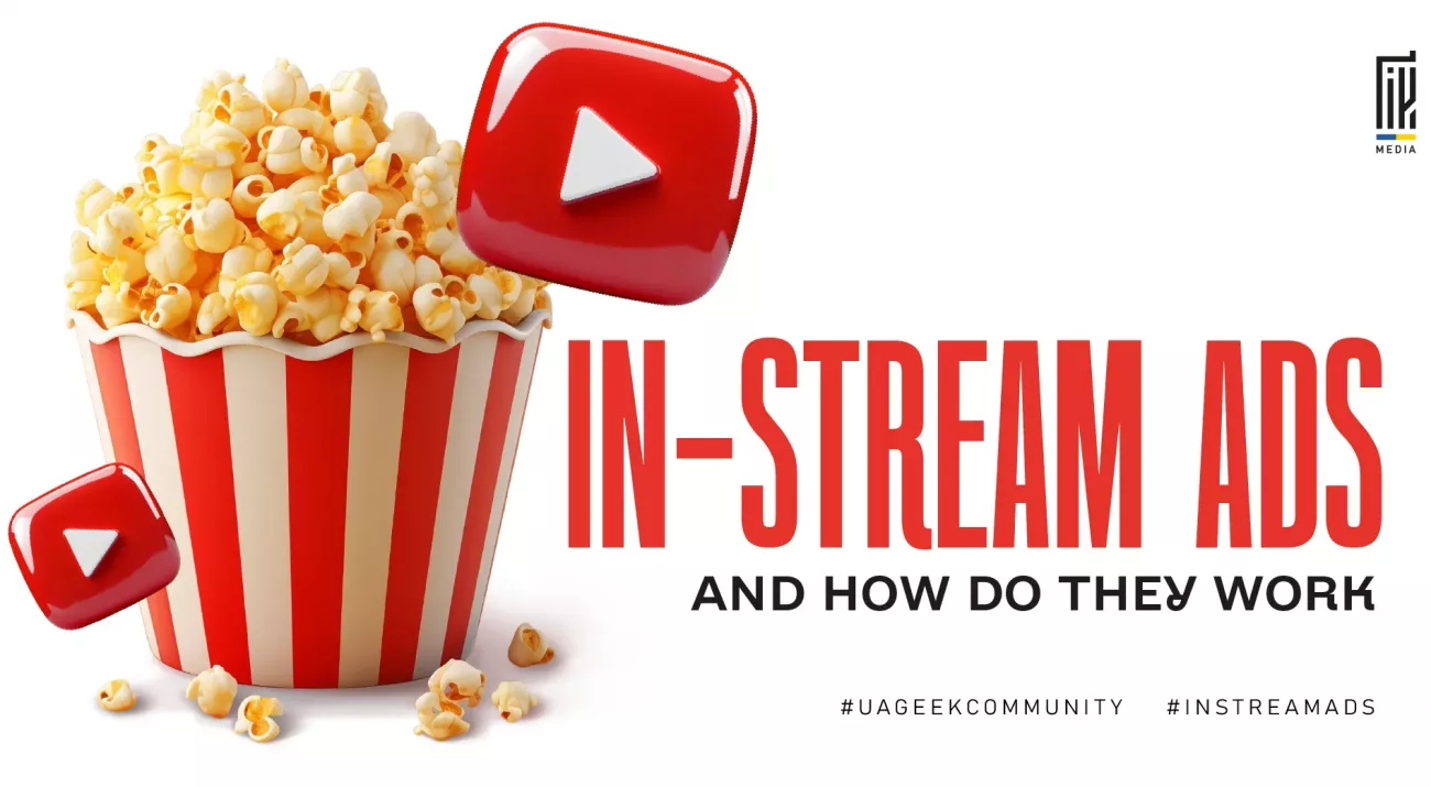 Banner featuring a bucket of popcorn and YouTube play icons, representing in-stream video advertising. The design illustrates how in-stream ads work on video platforms and their role in digital marketing and affiliate advertising.