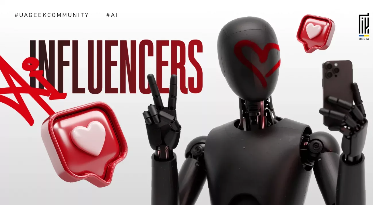 Banner about AI influencers in digital marketing. A humanoid robot takes a selfie with a smartphone while making a peace sign, surrounded by social media like icons. The illustration represents the growing role of AI-generated influencers and virtual creators in social media and affiliate marketing.