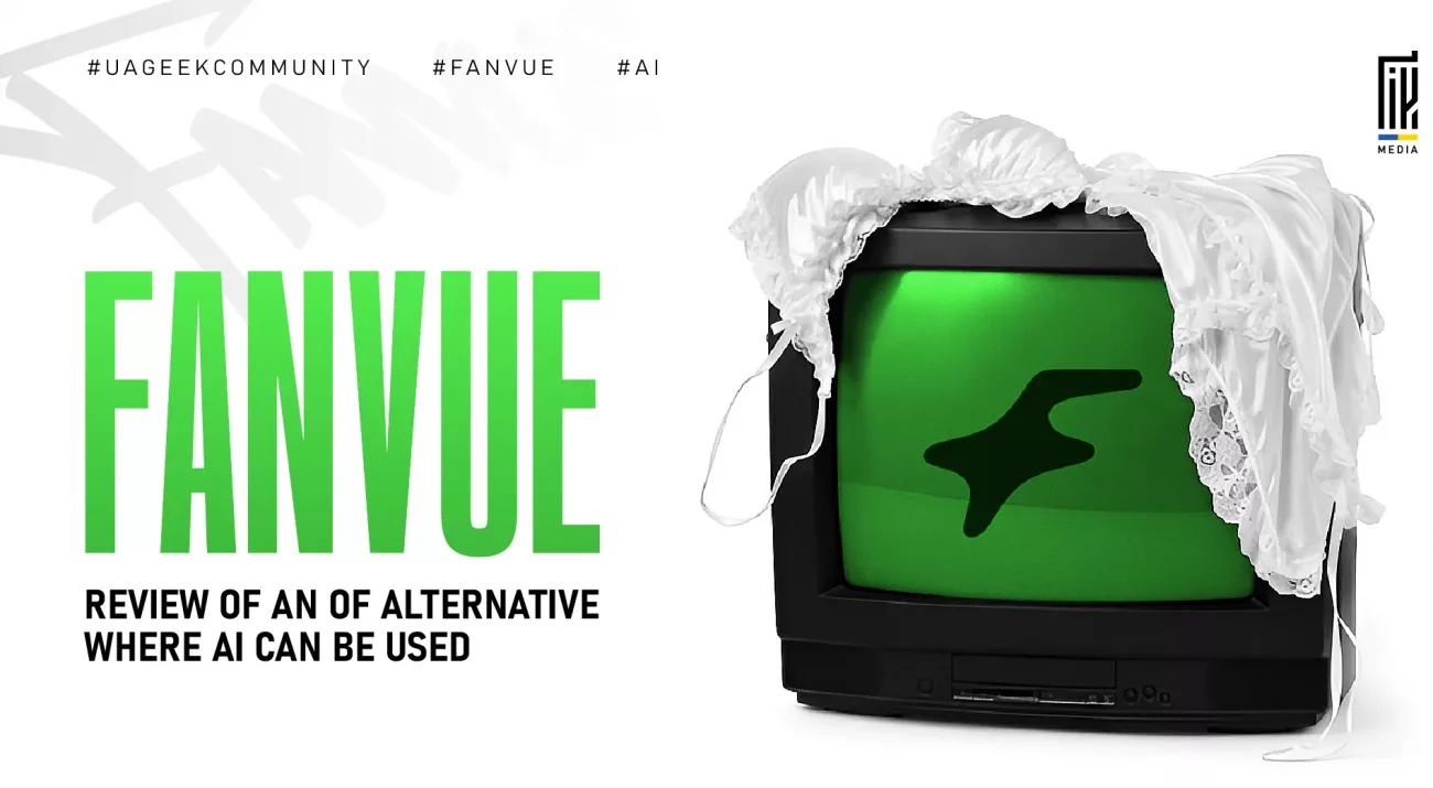 Banner promoting a review of Fanvue, an OnlyFans alternative. The image features a retro television draped with lingerie, symbolizing premium subscription-based creator platforms, AI-generated content, and the growing adult creator economy.
