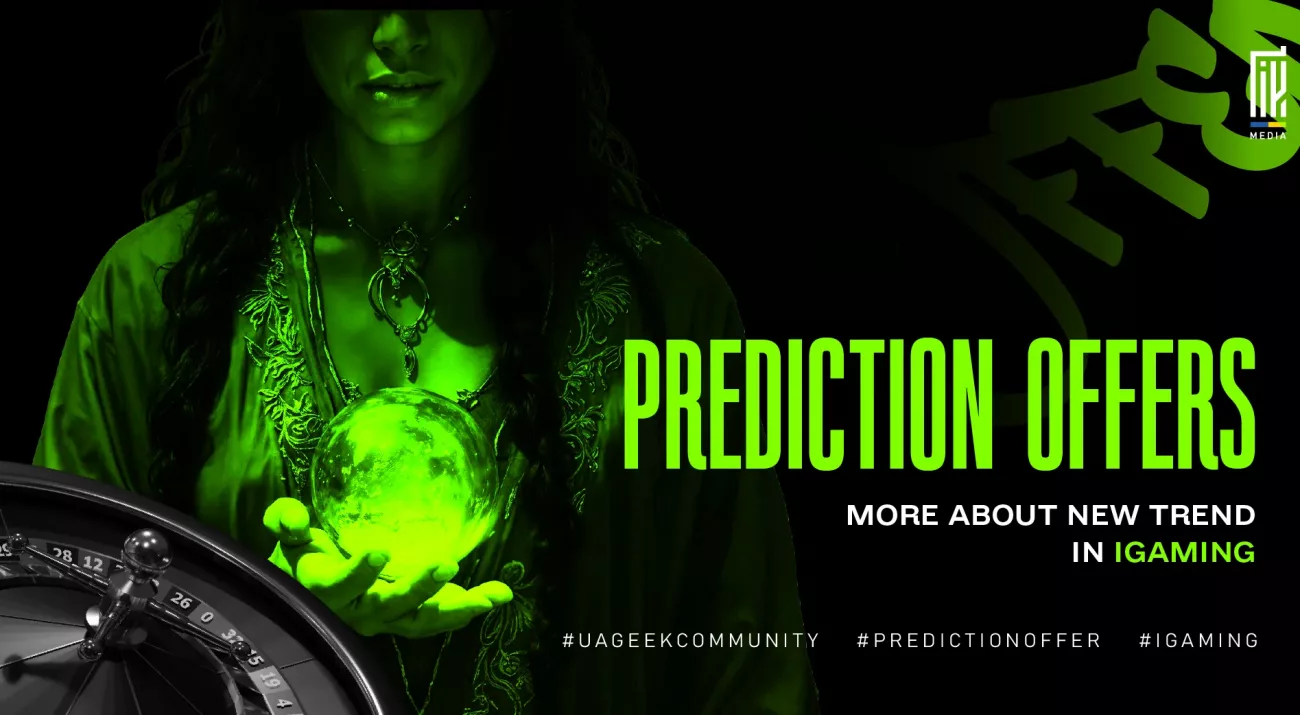 Banner illustrating prediction offers in iGaming. A fortune teller holds a glowing crystal ball beside a roulette wheel, symbolizing event-based prediction markets and emerging betting formats that allow users to speculate on real-world outcomes beyond traditional sports betting.