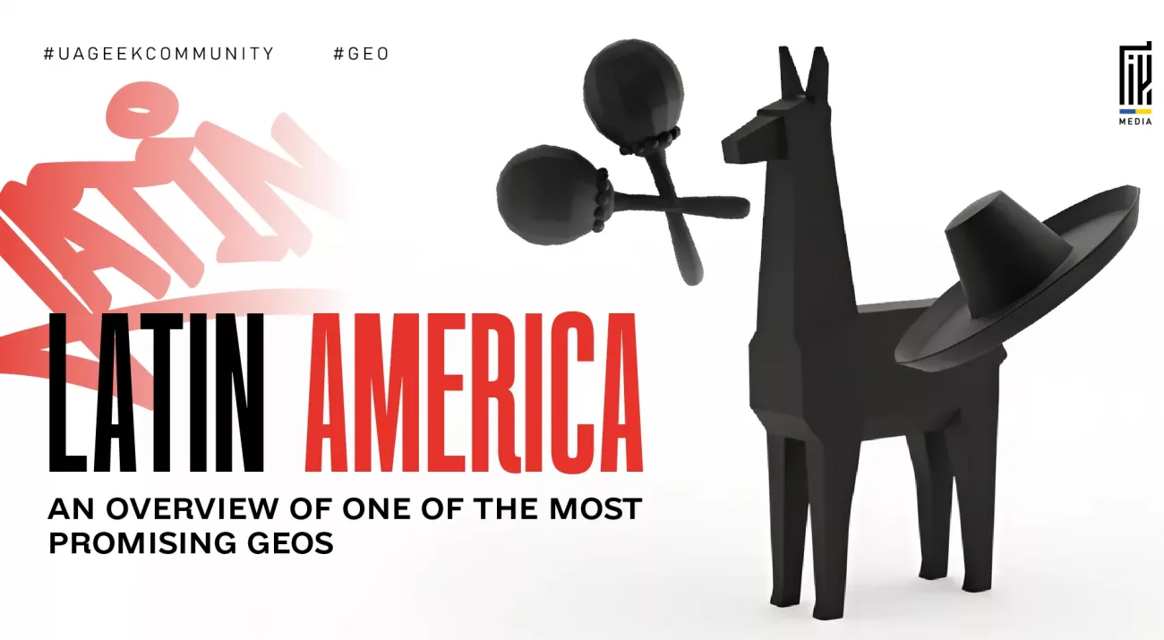 Banner about Latin America as a GEO for affiliate marketing, featuring a stylized black llama with maracas and a traditional hat, representing the Latin American market.