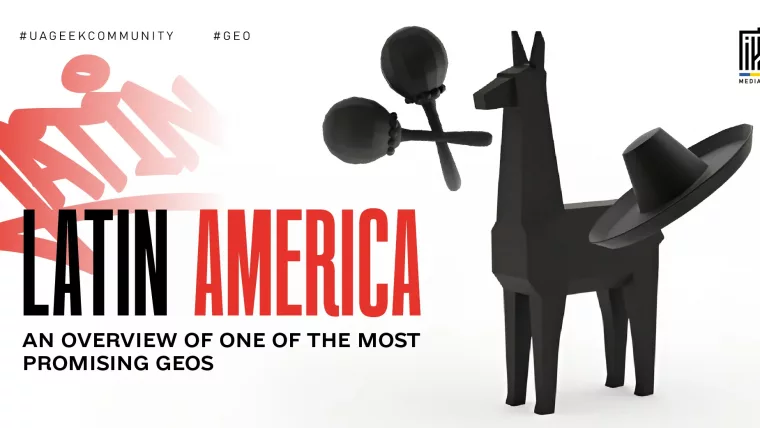 Banner about Latin America as a GEO for affiliate marketing, featuring a stylized black llama with maracas and a traditional hat, representing the Latin American market.