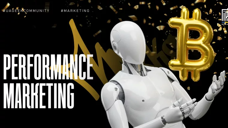 Banner about performance marketing featuring a white humanoid robot presenting a golden Bitcoin symbol, representing data-driven advertising and measurable marketing results.