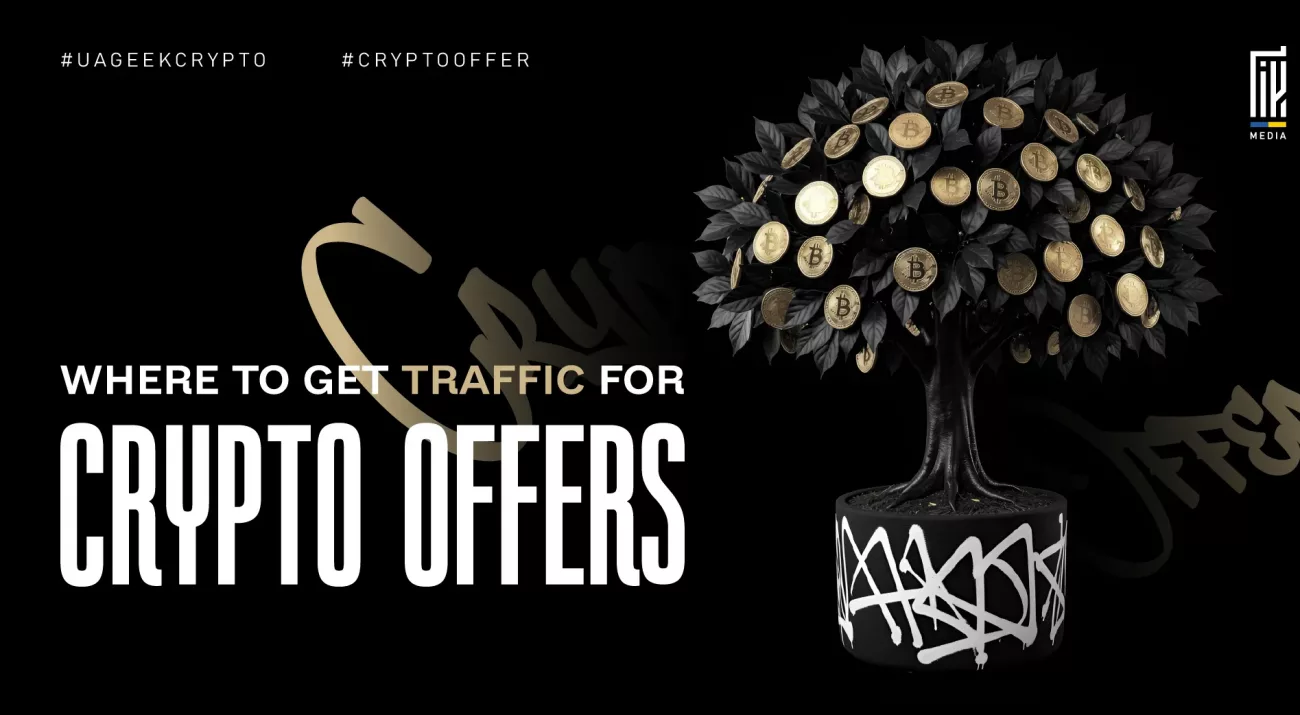 Banner about traffic sources for cryptocurrency affiliate offers. A black tree with golden Bitcoin coins growing instead of fruit symbolizes profitable crypto opportunities and strategies for acquiring high-quality traffic.