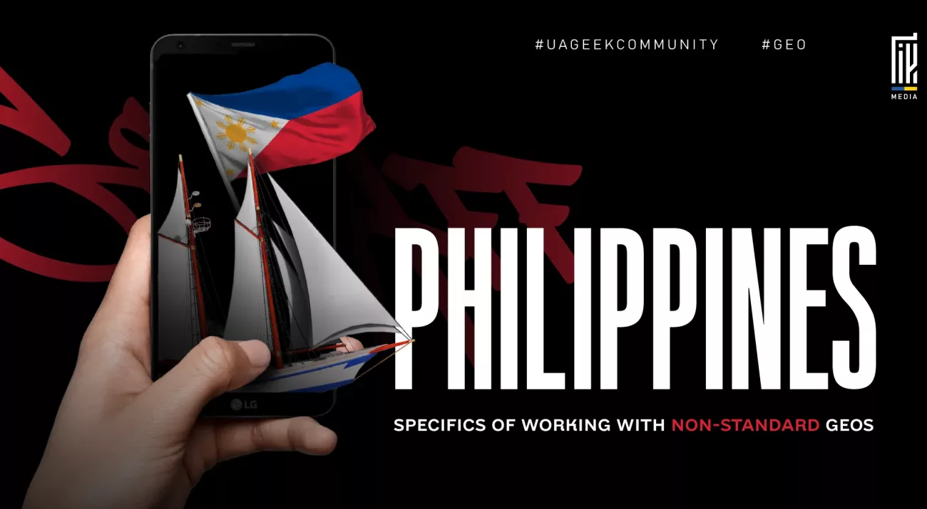Philippines GEO banner for affiliate marketing featuring a smartphone, Philippine flag, and sailboat.