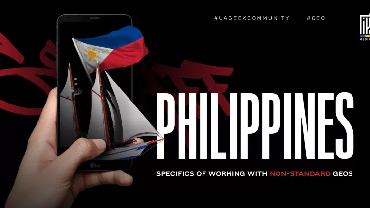 Philippines GEO banner for affiliate marketing featuring a smartphone, Philippine flag, and sailboat.
