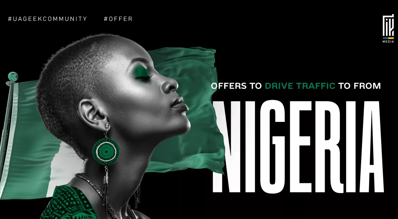 Nigeria GEO banner for affiliate marketing featuring the Nigerian flag and a woman in green.