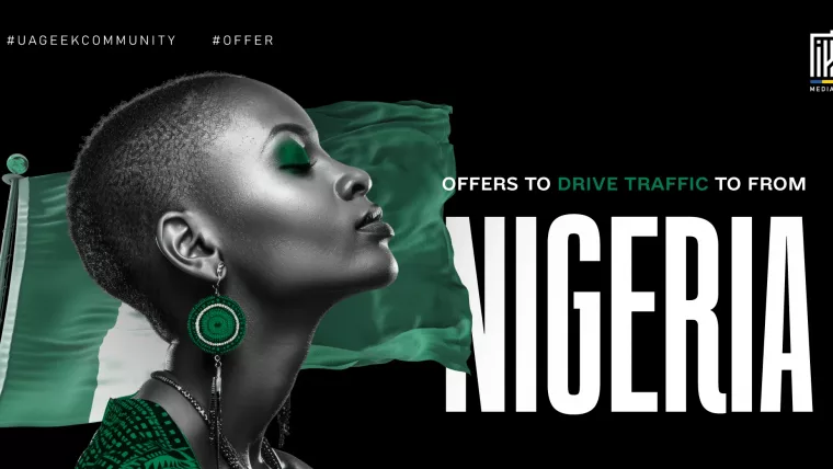 Nigeria GEO banner for affiliate marketing featuring the Nigerian flag and a woman in green.