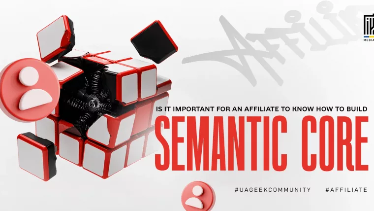 Semantic core in affiliate marketing banner featuring a red-and-white cube structure and audience icons.