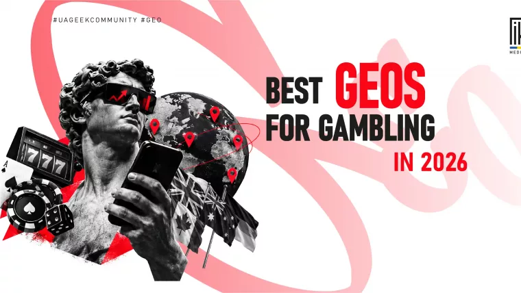 Best GEOs for gambling in 2026 with a world map, location markers, casino elements, and international flags.