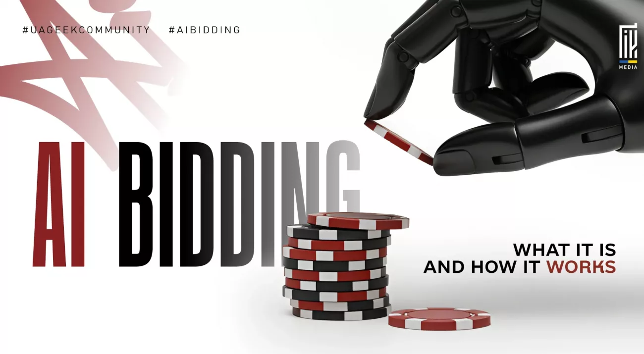 AI BIDDING banner showing a black robotic hand holding a poker chip above a stack of red, black and white chips, with the text “What It Is and How It Works”.