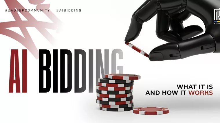 AI BIDDING banner showing a black robotic hand holding a poker chip above a stack of red, black and white chips, with the text “What It Is and How It Works”.