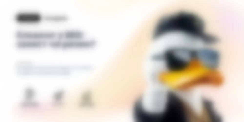 Blurred light-colored editorial banner with a white duck wearing dark sunglasses and a cap on the right; text and small icons on the left are indistinct.