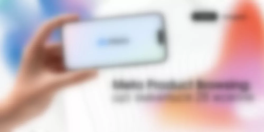 Blurred graphic showing a hand holding a smartphone on the left, with indistinct screen content and headline text against a light background with pink and blue accents.
